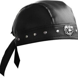 Skull Cap Motorcycle Biker Leather Cap Black Punk Goth w Silver Rivets - New